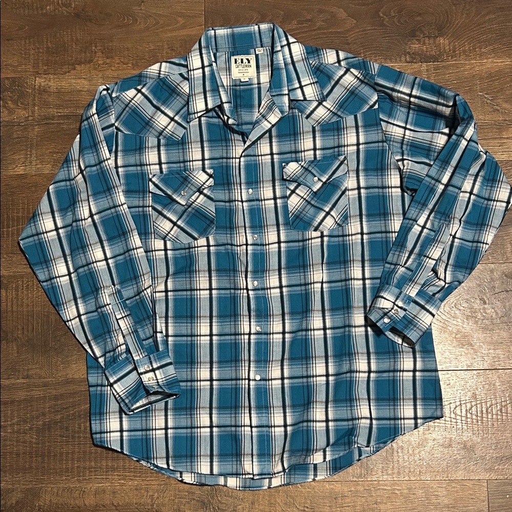 Ely Cattleman Teal and White Plaid Casual Shirt